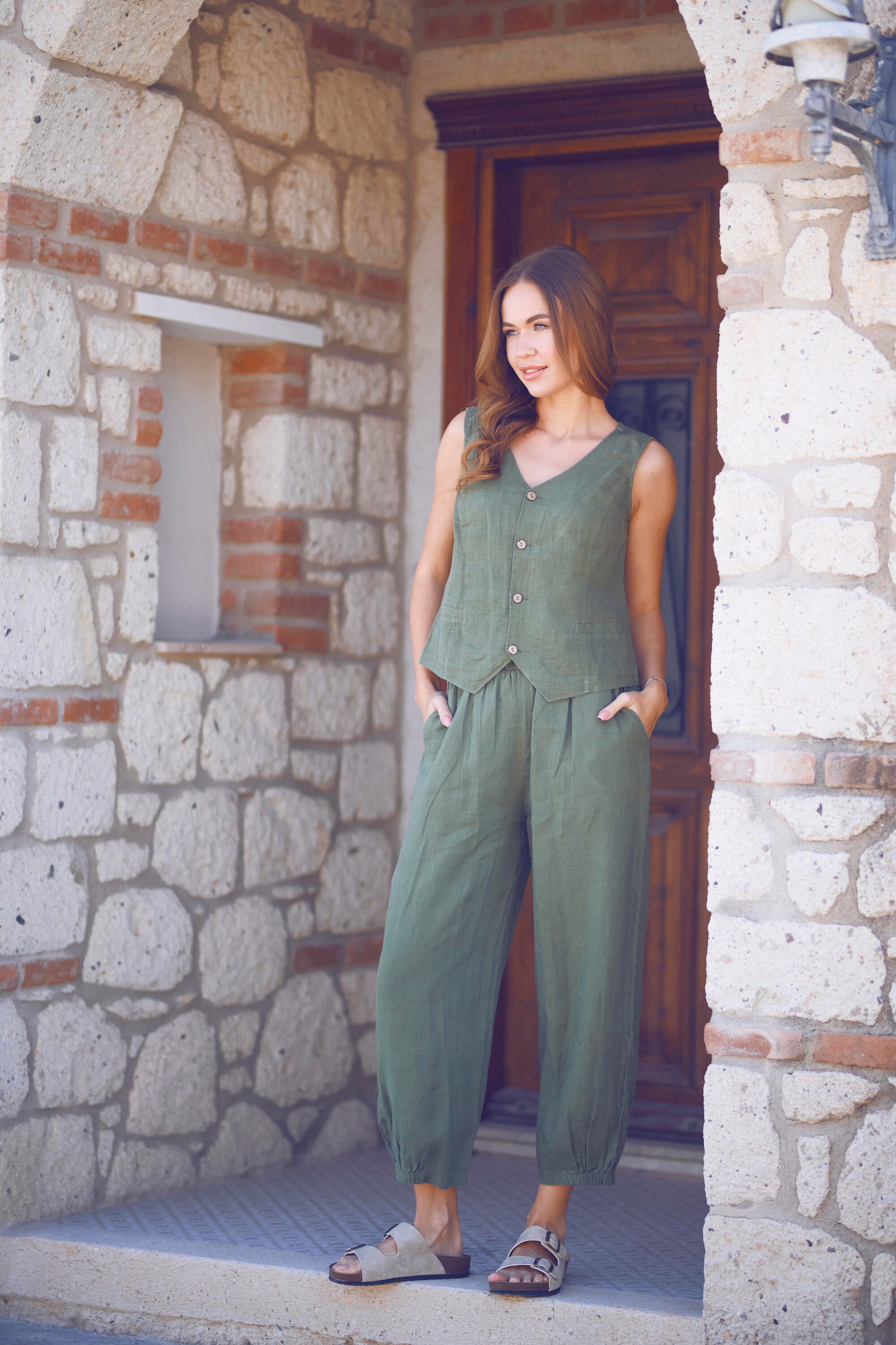 Keten Lastik Paçalı Yoga Pantolon